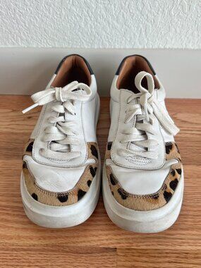 Cole Haan Leather and Calf Hair Leopard Print Sneakers, White/Black/Brown, 7.5